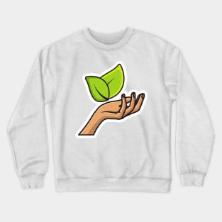 Hand Holding Leaf Sticker vector illustration. Natural products icon concept. Leaf in a hand sign of environmental protection icon. Green leaves and woman hand sticker design logo. Crewneck Sweatshirt